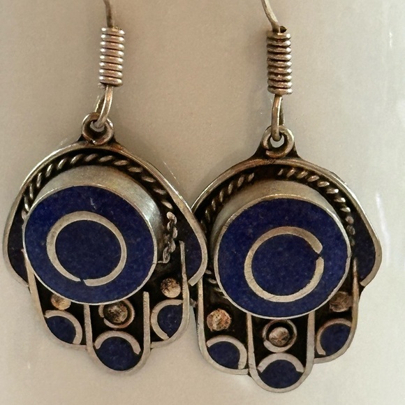 Truly Stunning Morocca “Hamsa” Style Earrings in Silver Plate and Lapis Lazuli. - Picture 1 of 6
